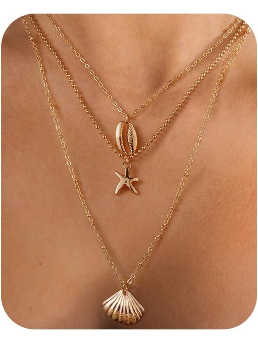 Women's Gold 3 Layered Shell Starfish Conch Pearl Pendant Necklace Non Tarnish